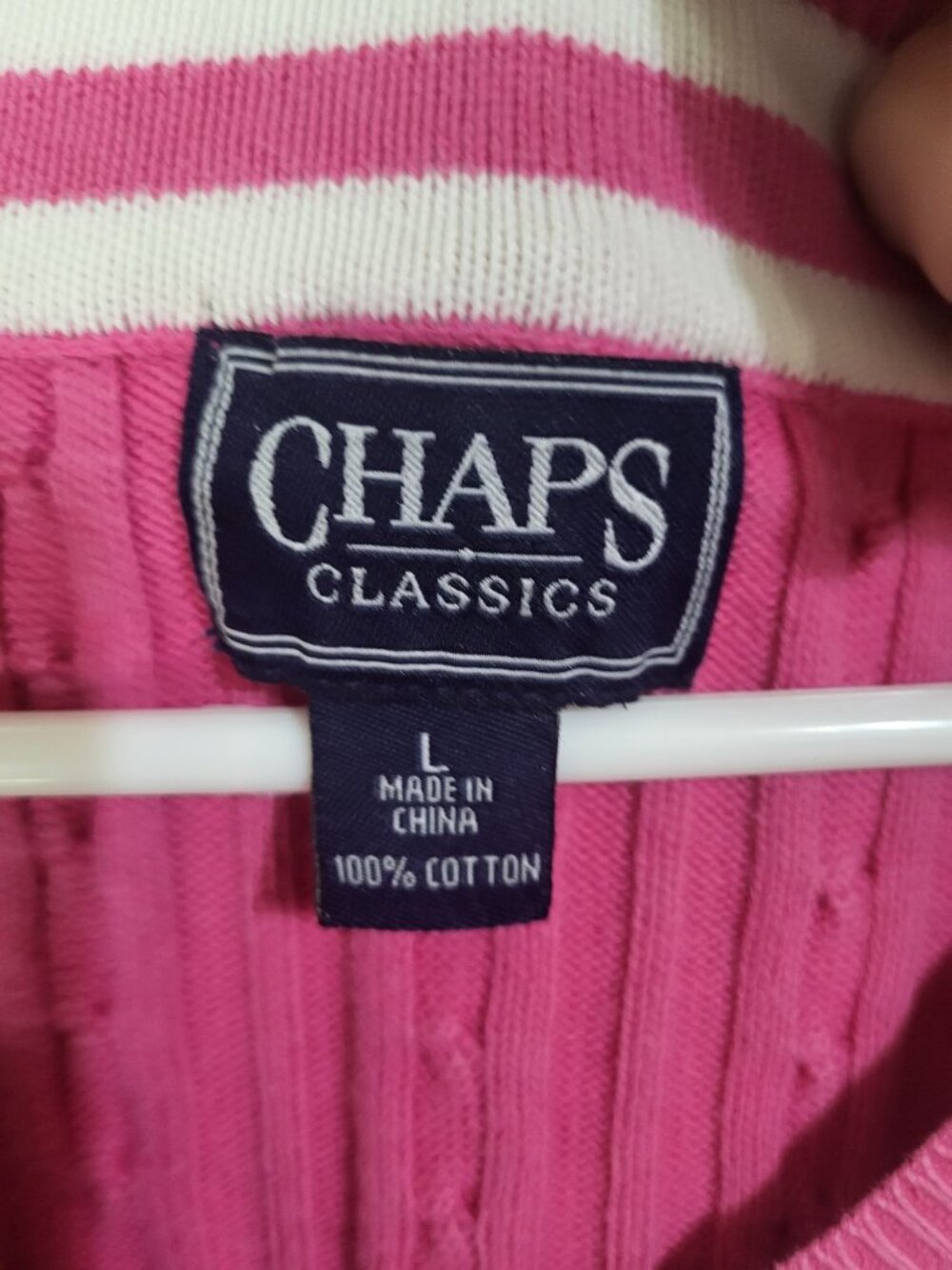 Vintage Chaps Womens LG V-Neck Sweater Pink White Cable Knit Tennis y2k Preppy - Picture 5 of 8
